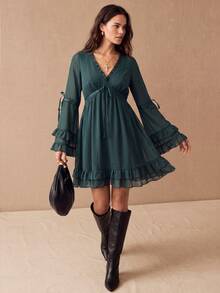 CielaLinda Gaun Mini Boho Biru Tosca Wanita, Gaun Chiffon Lengan Panjang dengan Pita, Gaun Lengan Berenda dan Ruffle - Teal Blue - View 4