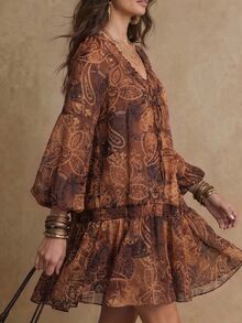 Solivie Women's Autumn Printed Loose Dress, Coffee Color Dress - Coffee - View 3