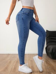 SHEIN PETITE CURVE Plus Size Jeans Fall/Winter Elegant Formal Y2k Cute Basic Chic Halloween Fuzzy Fleece PETITE CURVE BLUE - Blue - View 4