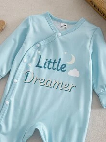 SHEIN Vintaside Kids 新生兒嬰兒連身衣，長袖連身褲，側開斜領，包腳睡衣，居家穿著，秋冬款，中性 - 彩色 - 查看 8