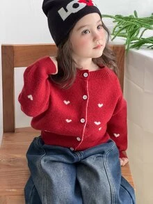 DAZY Infant/Toddler (Girl) Heart Pattern Long Sleeve Cardigan, Korean Style, Autumn/Winter - Red - View 3