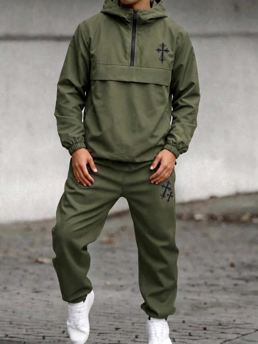 SHEIN 青少年男孩半拉鍊連帽夾克與慢跑褲2件套,休閒運動風,適合秋冬、通勤、上學、日常穿著、度假、旅行、運動,四季皆宜,抓絨加厚 - 軍綠色 - 查看 1