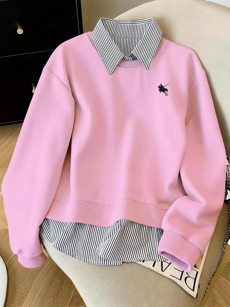 Resyla Women's Minimalist Daily Striped Patchwork Long Sleeve 2 In 1 Sweatshirt - Pink - View 4