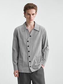 RONVEXI Blusa, Shirt Men's Casual Asymmetric Button Striped Long Sleeve Shirt Pull, Sweaters - Grey - View 3