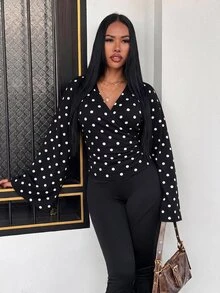 Slaydiva 女款波點V領休閒日常長袖T恤 - 黑色 - 查看 3