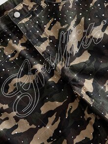 ROMWE MEN Street Life Men's Camouflage Pattern Pocket Denim Shorts - Black/Green - View 4