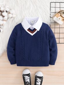 SHEIN Little Byeori 兒童小男孩冬季V領條紋針織秋季毛衣，學院風返校休閒職業日長袖套頭衫，適用生日、婚禮、派對 - 藏蓝色 - 查看 2