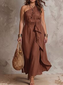 SHEIN Clasi 大尺碼度假風單肩荷葉邊下擺洋裝 - 鏽棕色 - 查看 1