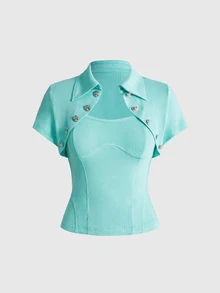 ROMWE 性感百搭休閒 Y2K 復古女款兩件式長袖抹胸上衣 - 薄荷綠 - 查看 1