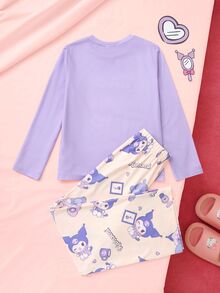 HELLO KITTY AND FRIENDS | SHEIN Tween Girl Letter Print Crew Neck Long Sleeve Top And Pants Loungewear Set - Purple - View 2