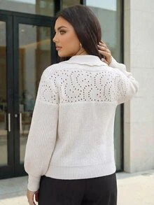 Dripcurv Plus Size Women's Solid Color Collared Long Sleeve Casual Elegant Pullover Sweater Formal Morning White Spring Winter - Camel - View 2