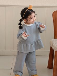 DAZY Infant/Toddler (Girl) Round Neck Striped Korean Style Long Sleeve Ruffle Trim Casual Sweatshirt - Grey - View 1