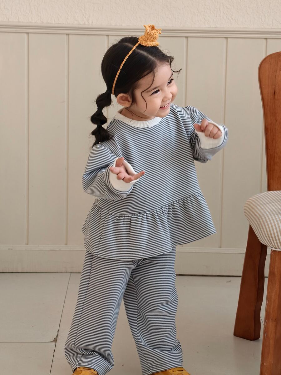 DAZY Infant/Toddler (Girl) Round Neck Striped Korean Style Long Sleeve Ruffle Trim Casual Sweatshirt - Grey - View 1