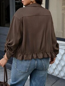 Easura Women's Utility Style Jacket, Fashion Funnel Neck, Multi-Pocket Waist Drawstring, Short Motorcycle Jacket Summer - Brown - View 2