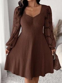SHEIN CURVE+ US22 Size Plus Size Women's Heart Neck Long Sleeve Ruched Ribbed Casual Dress 5XL Autumn Dress - Brown - View 2