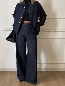 DAZY Women's Single-Breasted Long Sleeve Top & Pants Denim Set - Blue - View 1