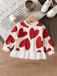 Sweet & Cool Heart Print Baby Girl Top, Red Heart Pattern All-Over Print, Delicate Lace Ruffle Hem, Stylish Round Neck Long Sleeve Sweatshirt For Baby Girls, Suitable For Autumn/Winter Daily Wear - Multicolor - View 3