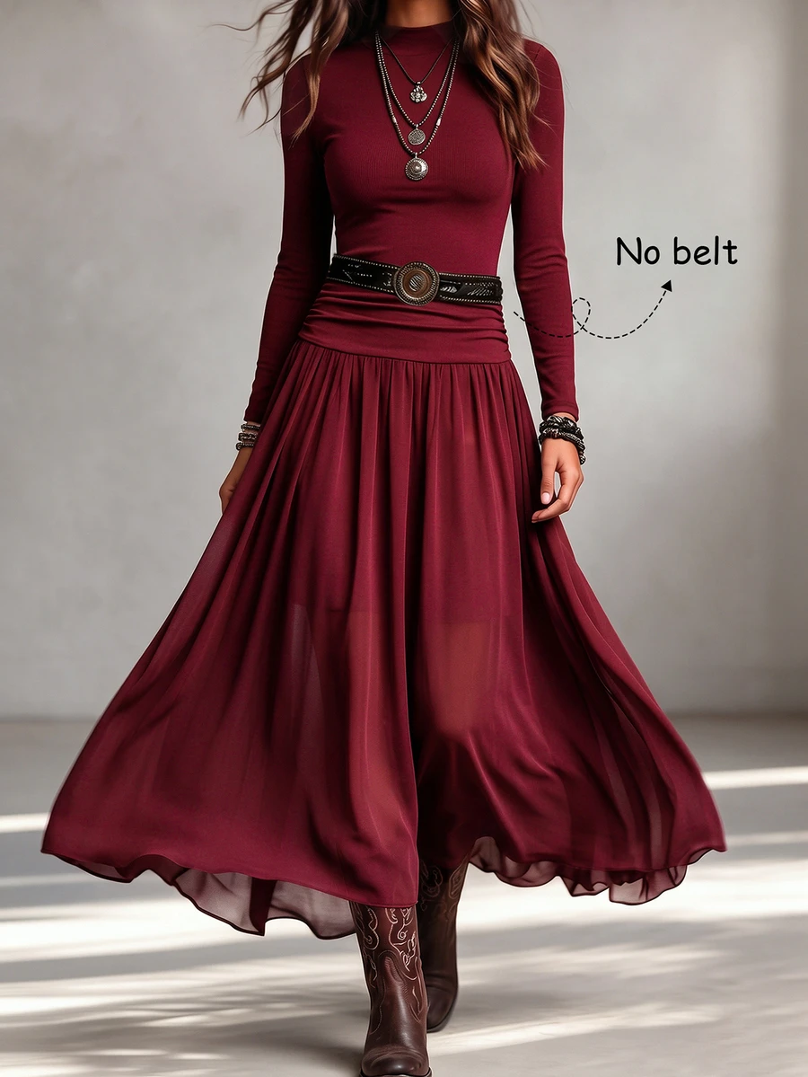 LUMIGAL AB Color Block Knit Faux Sweater Ribbed Fitted Semi-High Neck A-Line Vintage Elegant Versatile Inner Layer Party Outing Commute French Style Women's Dress - Burgundy - View 1