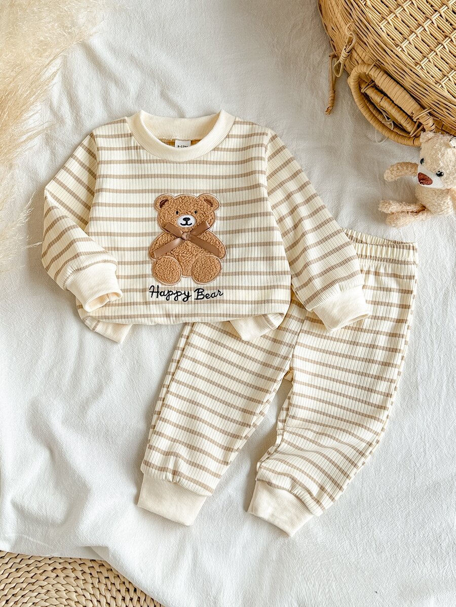 SHEIN Vintaside Kids 2件組男嬰幼兒運動衫+運動長褲套裝,可愛奶油卡其色熊圖案蝴蝶結條紋長袖圓領休閒戶外秋季連身衣假期裝 - 杏色 - 查看 1