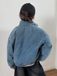 Dazy Kids Girls' Loose Fit Collared Long Sleeve Thick Denim Jacket Coat, Autumn/Winter, Cotton Padded, Size Large - Blue - View 5