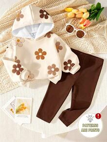 SHEIN Vintaside Kids 1套女嬰休閒可愛全花卉印花連帽衛衣套頭衫與內搭褲套裝，秋冬甜美女孩2件套 - 彩色 - 查看 1