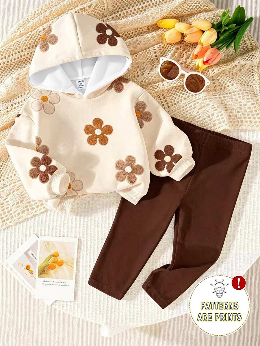SHEIN Vintaside Kids 1套女嬰休閒可愛全花卉印花連帽衛衣套頭衫與內搭褲套裝,秋冬甜美女孩2件套 - 彩色 - 查看 1