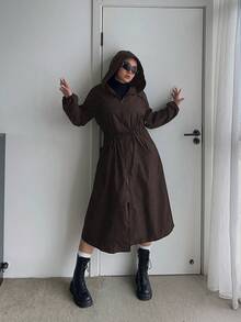POPSWAY Plus Size Long Sleeve Hooded Jacket With Front Zipper Pockets And Drawstring Waist Fall - Coffee Brown - View 4