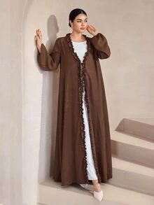 Graceveil Women's Arabic Abaya Elegant Casual Lantern Sleeve Ruffled Collar Front Opening Long Robe, Brown, Spring/Autumn Clothing - Brown - View 6