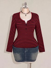 SHEIN ICON Women's Plus Size Autumn/Winter Contrast Lace Black & Gray Striped Fitted T-Shirt Fall - Multicolor - View 7