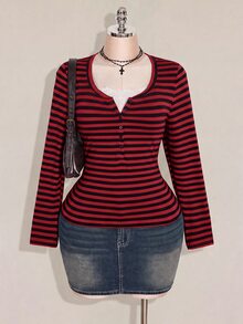 SHEIN ICON Women's Plus Size Autumn/Winter Contrast Lace Black & Gray Striped Fitted T-Shirt Fall - Multicolor - View 9