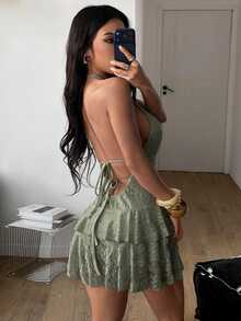 Coolane 女款秋冬街頭風休閒海灘度假波希米亞西式彈性蕾絲鼠尾草綠V領無袖迷你荷葉邊分層洋裝 - 綠色 - 查看 2