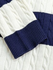 SHEIN 青少年女孩條紋拼接粗針編織V領燈籠袖寬鬆套頭毛衣，適合秋冬與戶外穿著 - 彩色 - 查看 7