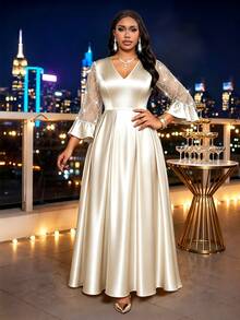 SHEIN Lady CURVE Plus Size V-Neck Flared Sleeve Rhinestone Tassel A-Line High Waist Dress - Apricot - View 4