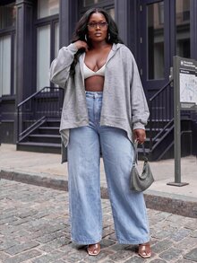 Slaydiva Plus Size Women's Hoodie, Grey Batwing Irregular Hem Plus Size Zip Up Cardigan Sweatshirt - Grey - View 4