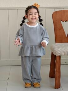 DAZY Infant/Toddler (Girl) Round Neck Striped Korean Style Long Sleeve Ruffle Trim Casual Sweatshirt - Grey - View 3