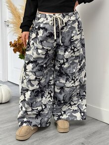 SHEIN CURVE+ Plus Size Women's Spring And Summer Basic Striped Tree Branch Pattern Wide Leg Sports Pants - Grey - View 5