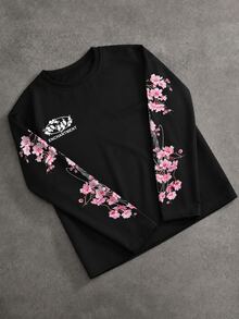 Sport MetroGents Kaos Olahraga Pria Lengan Panjang Kerah Bulat Motif Bunga & Huruf - Hitam - View 4