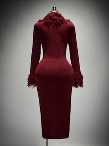 SHEIN ICON Cardigan Rajut Musim Dingin Ukuran Besar Model Vintage Y2K Leher V dengan Tali Pengikat di Depan dan Hiasan Rumbai Bulu - Burgundy - View 2