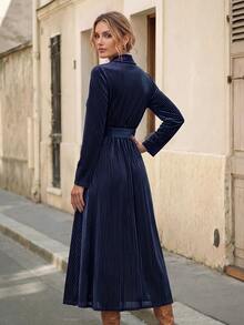 Faunlyn Women's Vintage Elegant Waist Button Decor Striped Print Long Sleeve Midi Dress - Blue - View 2