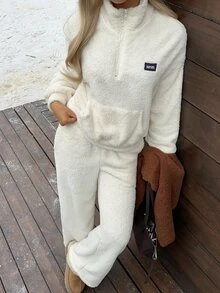 CovetEZ 女款休閒牛仔拉鍊半開襟長袖上衣與寬鬆長褲套裝 - 白色 - 查看 6