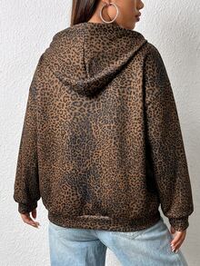 DAZY Plus Size Women's Leopard Print Casual Versatile Daily Wear Hooded Sweatshirt - Multicolor - View 2