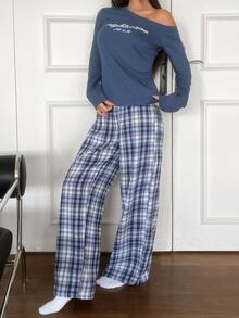 DAZY Women's Letter Print Asymmetric Shoulder Long Sleeve Top And Plaid Pants Pajama Set - Blue - View 4
