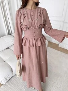 Solavon Women's Floral Embroidered Pattern Pleated Long Sleeve Top And Skirt Casual 2 Pieces Set - Pink - View 6