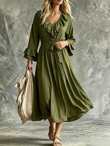 SHEIN Women's Solid Color Ruffle Collar Flare Sleeve Waist Tie Elegant Dress - Green - View 4
