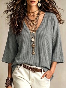 SHEIN Women's Grey V-Neck Ribbed Knit Loose Batwing 3/4 Sleeve Pullover Sweater, Suitable For Shopping, Travel, Daily Casual Wear In Autumn - Grey - View 1