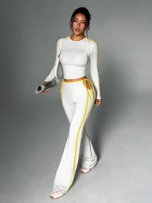 StreetHx Women's Round Neck Long Sleeve T-Shirt And Side Waist Cutout Tie Flare Pants Sports Set - White - View 1