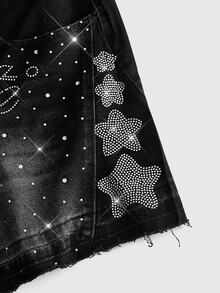 ROMWE MEN Goth Men's Streetwear Double Waistband Embroidered Rhinestone Denim Shorts - Black - View 5