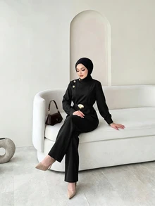 Celisse Women's Jacket And Wide Leg Pants Set Autumn - Black - View 3