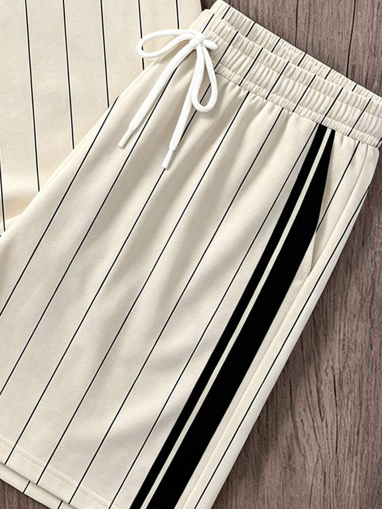 Daypath Men Striped & Letter Graphic Contrast Trim Tee & Drawstring Waist Shorts - Apricot - View 5