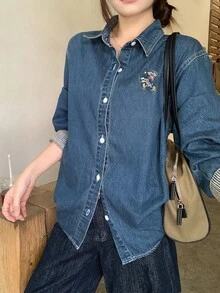DAZY Women's Casual Striped Cuff Patchwork Cartoon Embroidered Denim Top - Blue - View 4